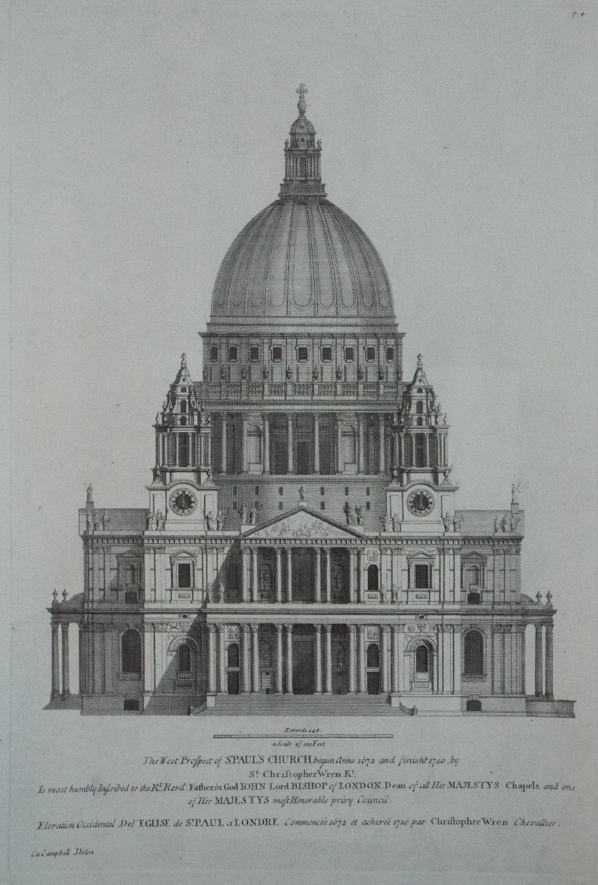 Print - The West Prospect of St Paul's Church begun anno 1672 and finished 1710, by Sir Christopher Wren Kt. - Hulsbergh